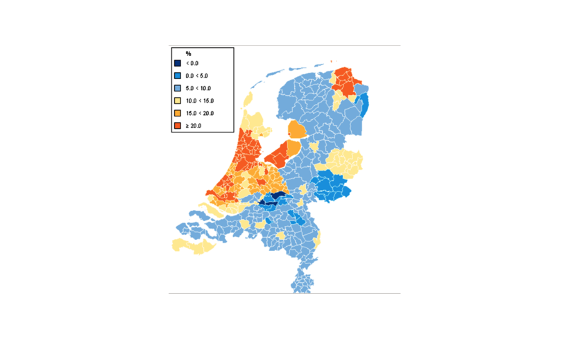 Kaart van hoe de waardeontwikkeling in Nederland in de periode vanaf eind 2008 tot eind 2018 zou zijn geweest uitgaande van de methode van Invisor.
