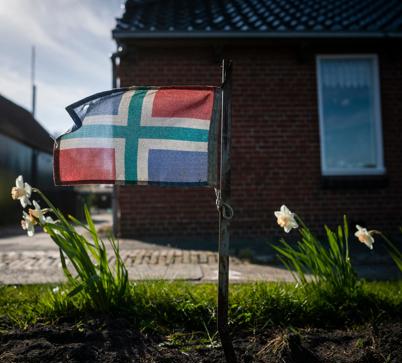 In een tuintje in Holwierde wappert een Gronings vlaggetje tussen de bloemen