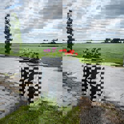 Een oprit tussen weilanden met bloempotten beschilderd met een koeienvlekpatroon.