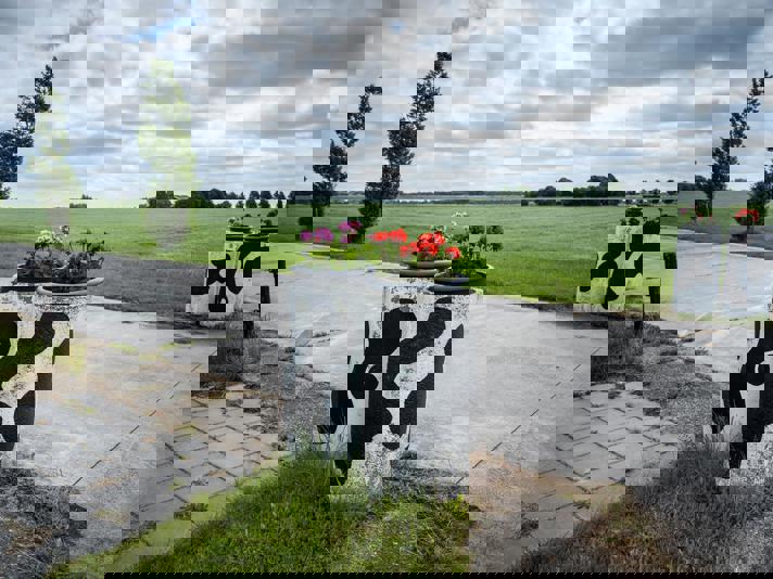 Een oprit tussen weilanden met bloempotten beschilderd met een koeienvlekpatroon.
