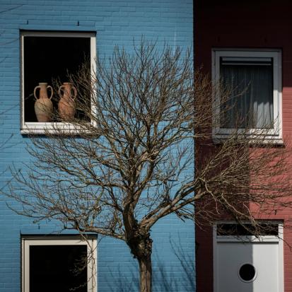 Twee kleurrijke huizen in de Groningse wijk Lewenborg.