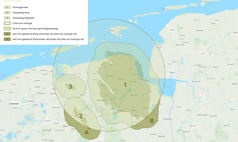Kaart. De groene cirkel geeft het effectgebied Huizinge aan. De groene stippellijnen zijn de zes kilometerzones rondom een gasveld/gasopslag