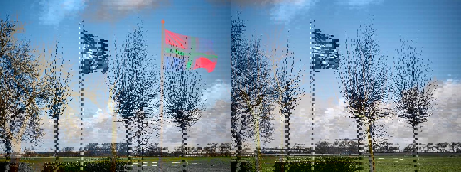 Een wapperende vlag van Groningen naast groene weilanden. 