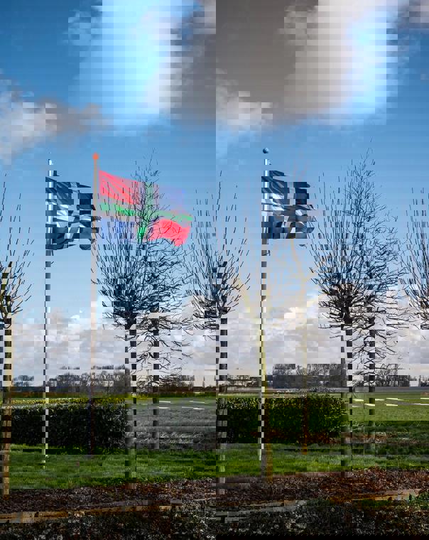 Een wapperende vlag van Groningen naast groene weilanden. 