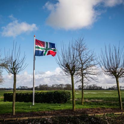 Een wapperende vlag van Groningen naast groene weilanden. 