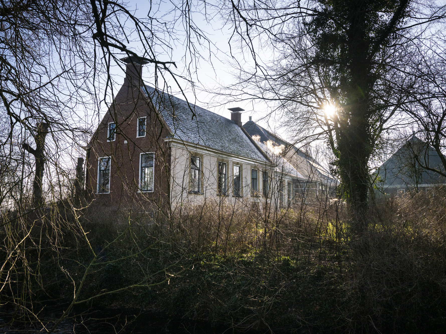 De eeuwenoude kloosterboerderij in Usquert gezien vanuit de struiken, beschenen door een mager zonnetje.