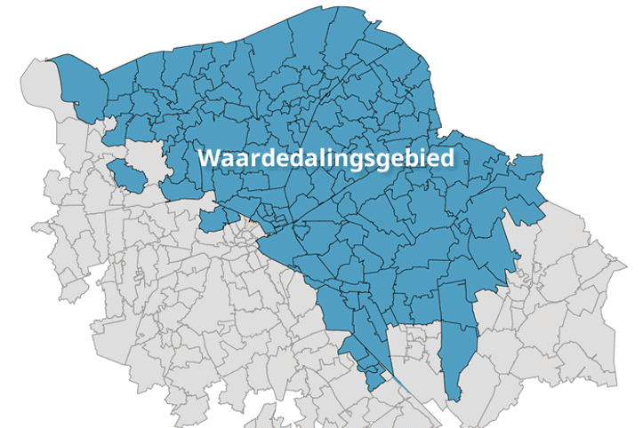 Grafisch kaartje van het waardedalingsgebied in het Groningenveld