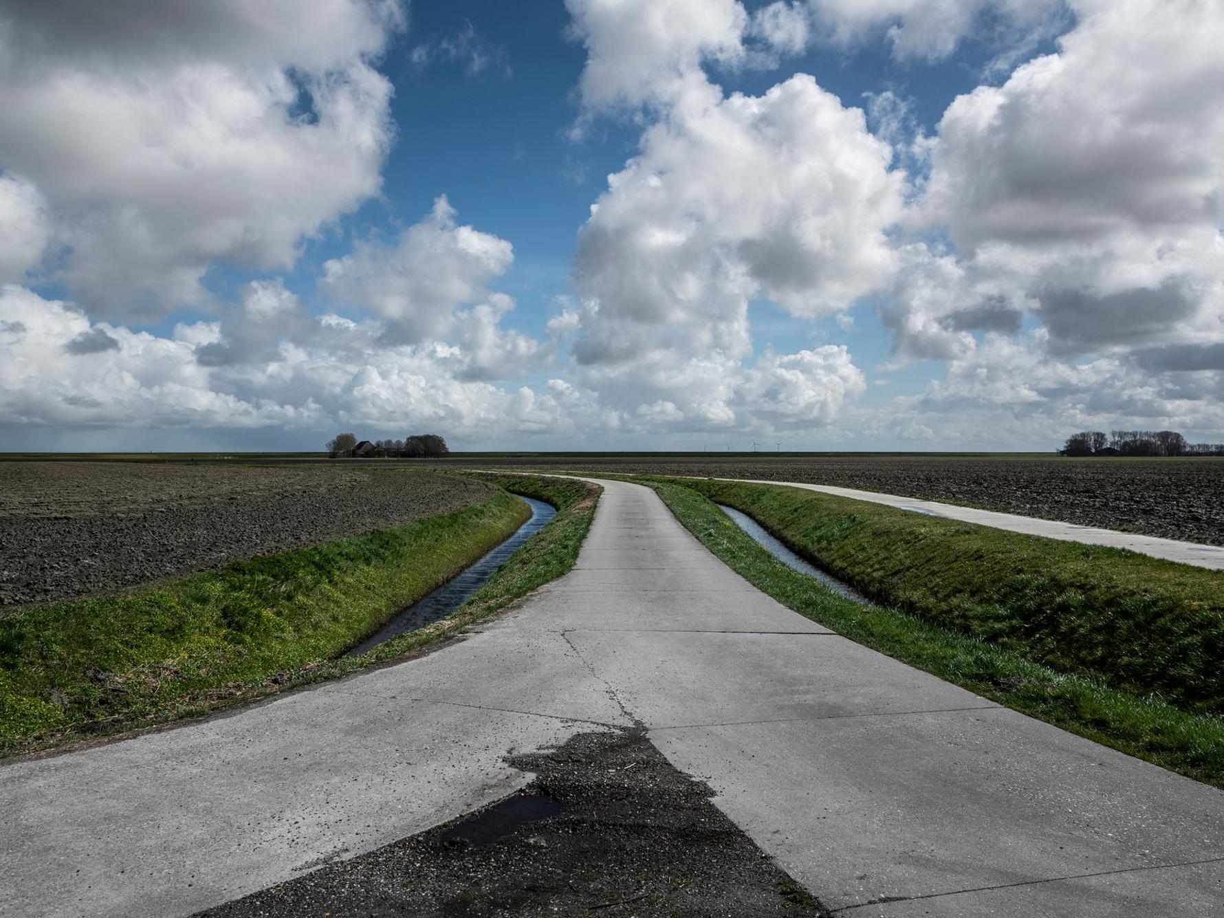 Twee landwegen komen samen tussen weilanden in het Groninger landschap.